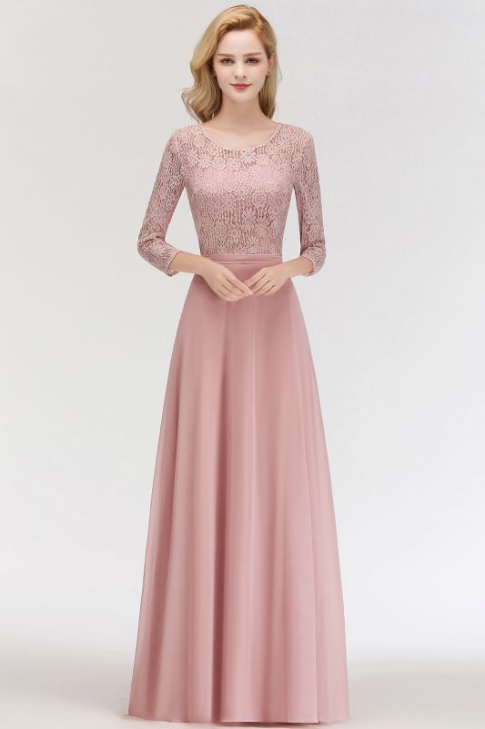 MARIAN | A-line Floor Length Lace Chiffon Bridesmaid Dresses with Sleeves