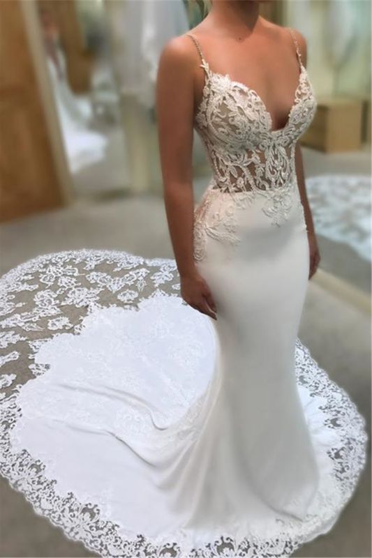 Vestidos de novia de sirena con espagueti sin mangas con encaje y corte de tren