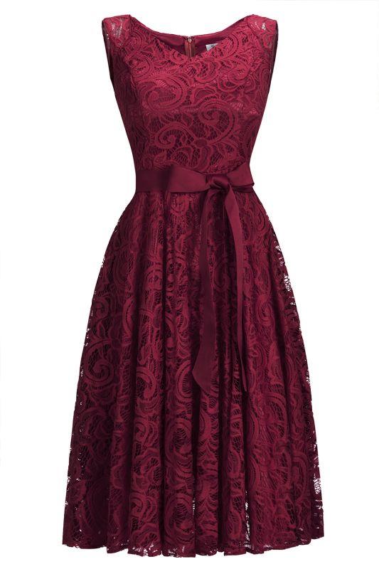 Simple Sleeveless A-line Red Lace Dresses with Ribbon Bow