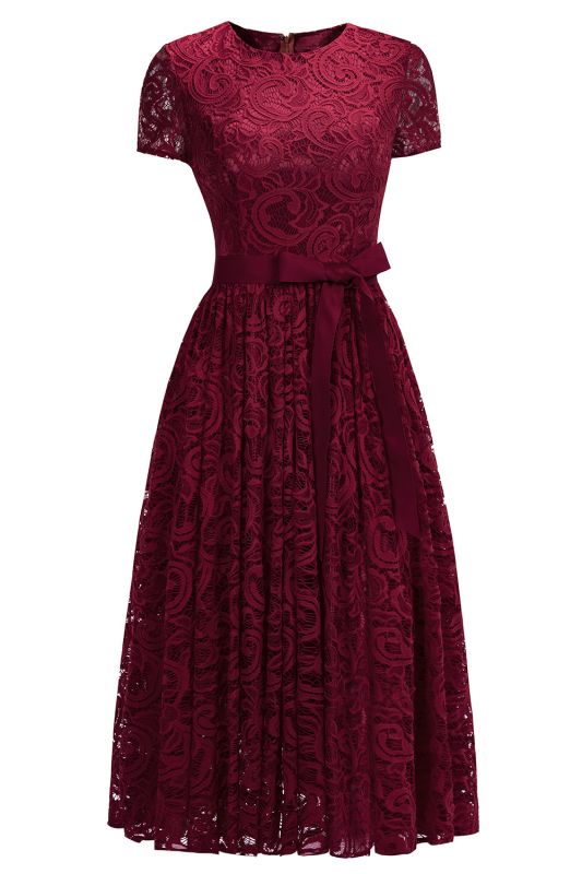 Short Sleeves Seath Red Lace Dresses with Ribbon Bow