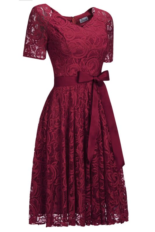 Elegant V-neck Short Sleeves Lace Dresses with Bow Sash