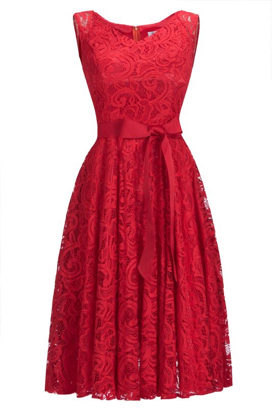 Simple Sleeveless A-line Red Lace Dresses with Ribbon Bow