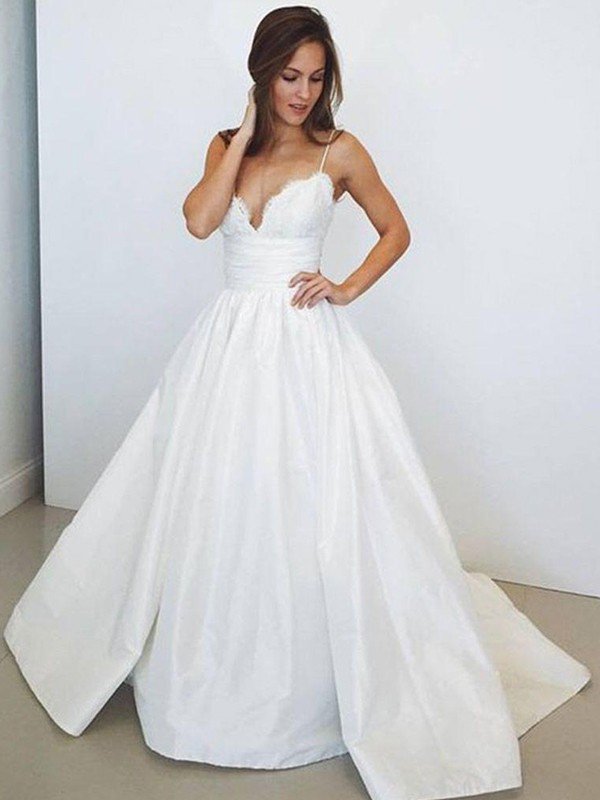 Sweep Train Ball Gown Wedding Dresses  | Sleeveless Ruched Satin Sexy Spaghetti Straps Bridal Gowns