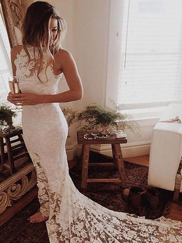 Lace Mermaid Sleeveless Bridal Gowns Sexy |  Halter Chapel Train Wedding Dresses