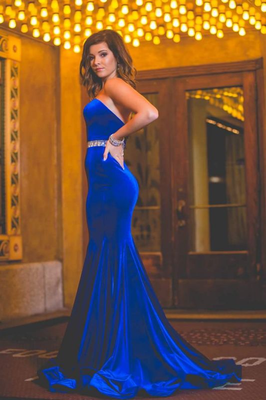 Backless Charming Mermaid Sweetheart Velvet Royal-Blue Crystals-Belt Prom Dress