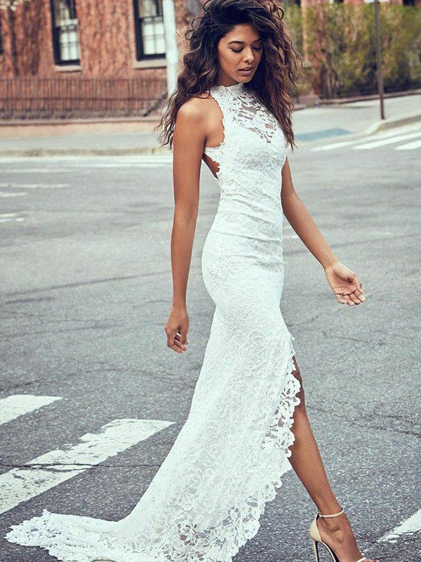 Lace Mermaid Cheap Bridal Gowns with Sweep Train | Sexy Sleeveless Halter Wedding Dresses