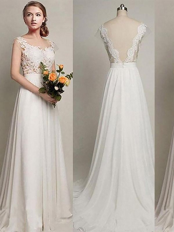 Elegant Sweep Train A-Line Bridal Gowns | Sleeveless Chiffon Wedding Dresses Cheap Online