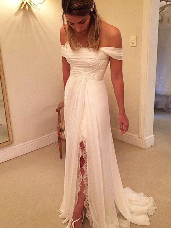 Sweep Train Chiffon Sexy Ruffles Off The Shoulder Sleeveless Wedding Dresses