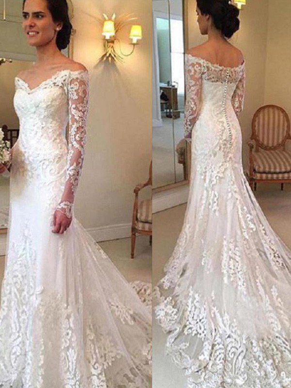 Court Train Applique Lace Mermaid Long Sleeves Off-the-Shoulder Wedding Dresses