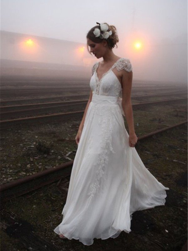 Chiffon Sexy Sleeveless V-neck Floor Length Lace Wedding Dresses