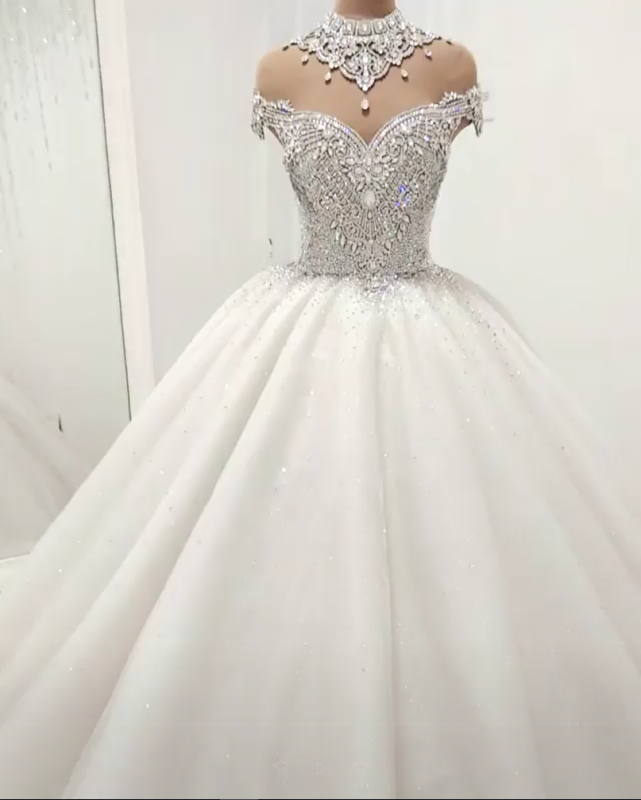 Sexy High Neck Crystals Beaded Ball Gown Wedding Dresses Cheap