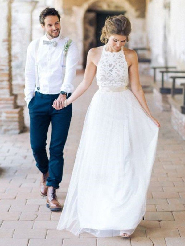 Floor Length A-Line Cheap Halter Tulle Sleeveless Wedding Dresses Online