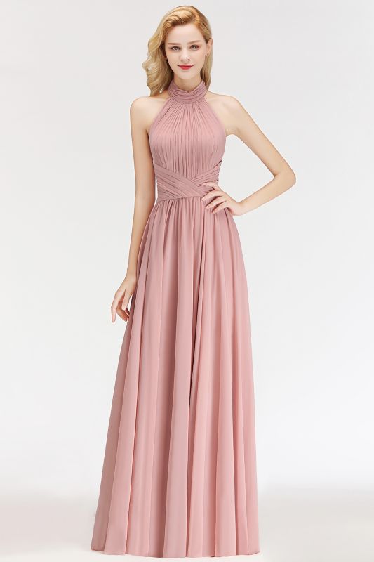 Sleeveless A-line Fashion Floor-length Chiffon Backless Halter Bridesmaid Dress