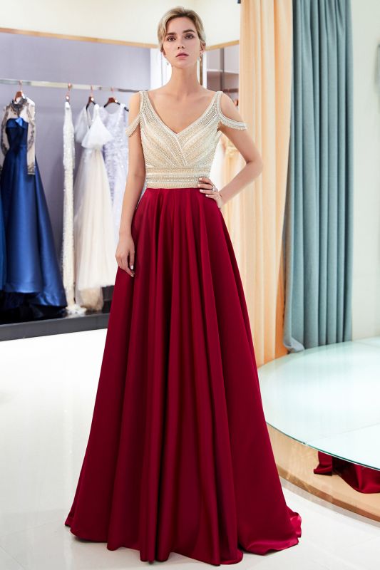 Burgundy A-line V-neck Sleeveless Crystal Beading Evening Dresses