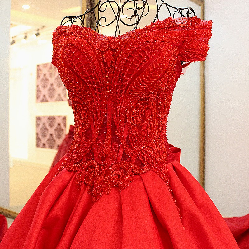 Red Off-the-shoulder Bow Lace-up V-neck Floor Length Evening gown with appliques