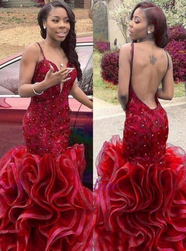 Spaghettis-Straps Mermaid Beading Open-Back Red Prom Dresses