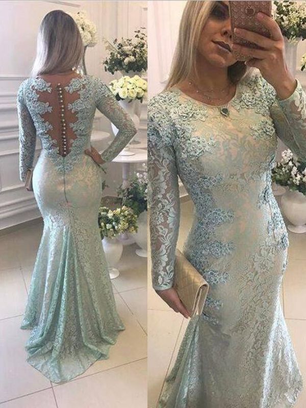 Crew Sweep-train Long Sleeves Lace Beads Appliques Mermaid Prom Dresses