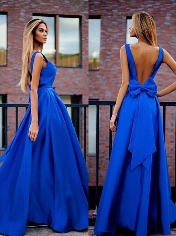 Open-Back Floor-Length Elegant Bowknot Royal-Blue Prom Dresses