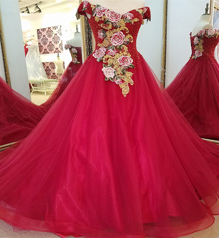 Stunning Red Floor-length V Neck Off-the-shoulder Lace-up Beading Appliques Evening Gown