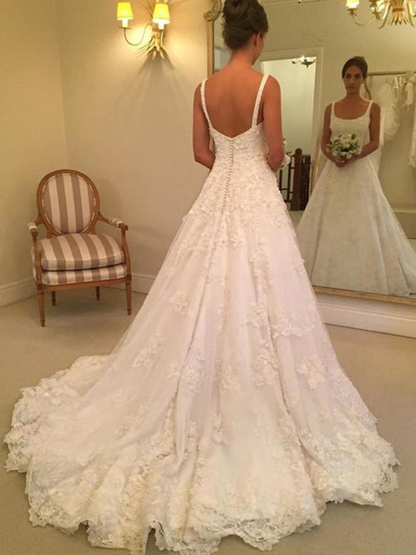 Spaghetti Straps Lace Appliques Open Back Aline Wedding Dresses