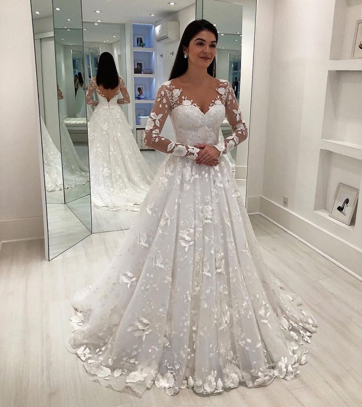 V-Neck Appliques Cheap Long Sleeve A-Line Tulle Court Train Wedding Dresses