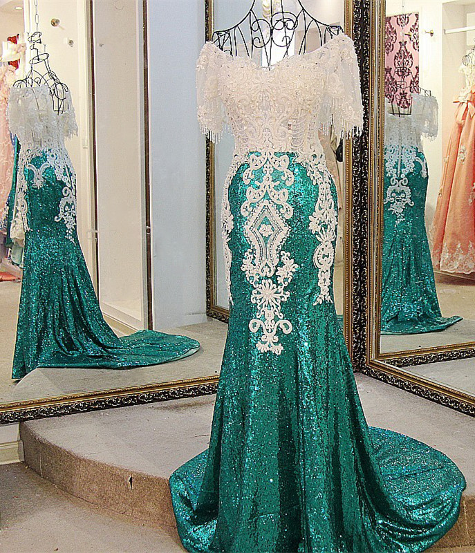 Decent Bateau Lace-up Off-the-shoulder Mermaid Floor-Length Appliques Prom Dress