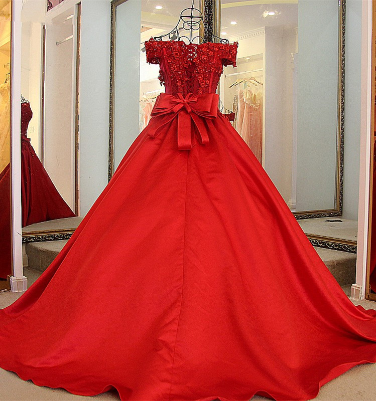 Modest Red Off-the-shoulder A Line Appliques Beadings Prom Dress With Belt