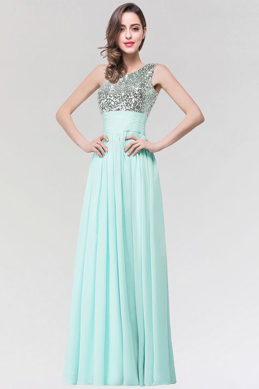 A-line Chiffon One-Shoulder Sleeveless Floor-Length Bridesmaid Dress with Sequins