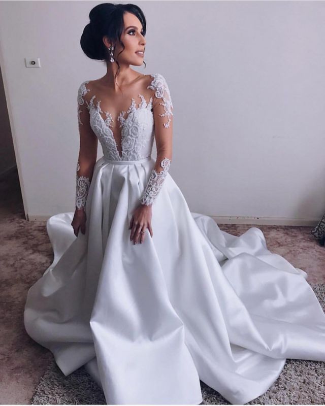 Elegant V-Neck  Long Sleeve A-Line Lace Appliques Wedding Dresses Sexy