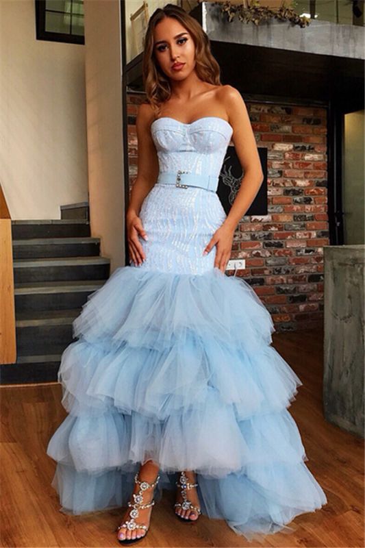 Mermaid Tulle Layers Strapless Sleeveless High-Low Prom Dress