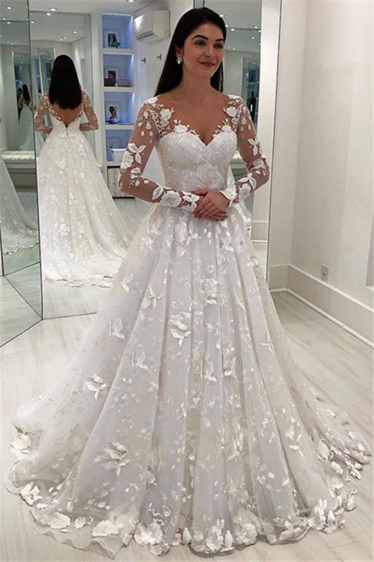 Elegant A-Line Tulle Lace Appliques V-Neck Long Sleeve Wedding Dresses