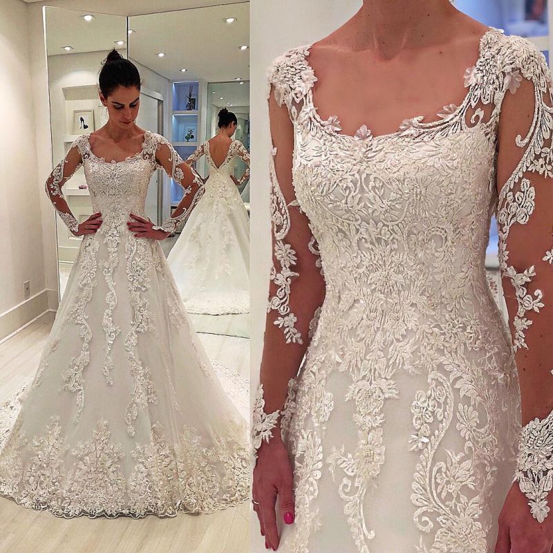 Elegant A-Line Sexy Lace Appliques Square Neck Long Sleeve Long Wedding ...