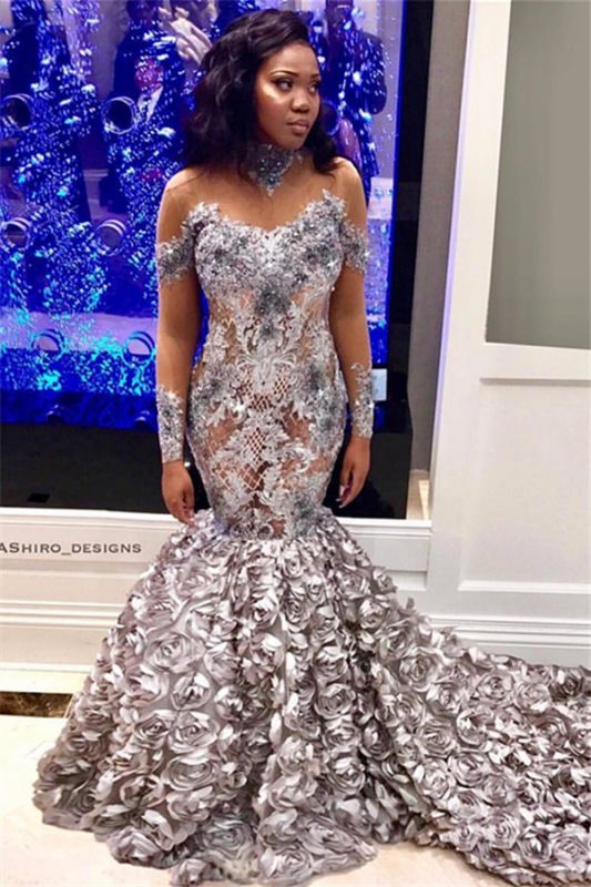 Mermaid Off-the-Shoulder Long-Sleeves Long Prom Dress with Flower