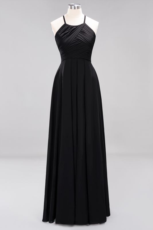 Halter Pleated Bridesmaid Dress Chiffon Sleeveless Floor Length Wedding Guest Dress