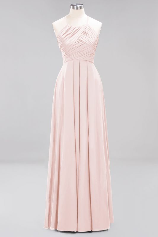 Halter Pleated Bridesmaid Dress Chiffon Sleeveless Floor Length Wedding Guest Dress