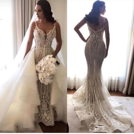 Elegant Spaghetti Straps Sleeveless  Mermaid Lace Appliques Wedding Dress