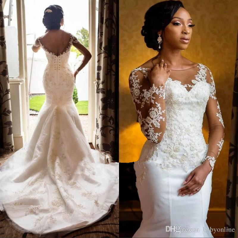 Charming Long Sleeve Lace Appliques  Mermaid Round Neck Wedding Dresses