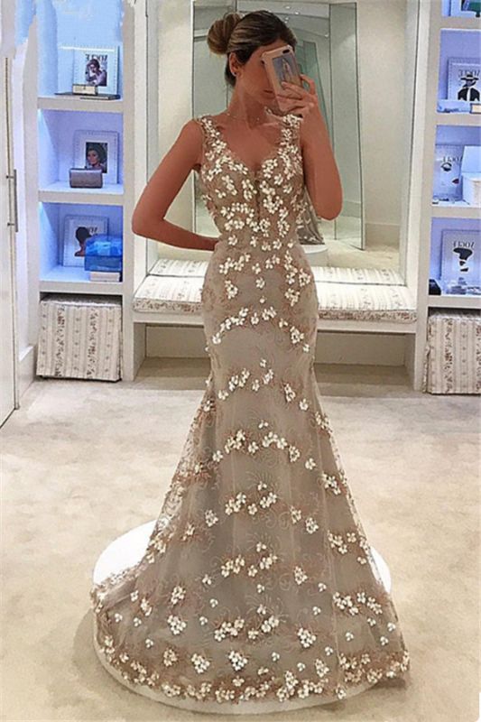 Mermaid Appliques Sleeveless Straps V-Neck Long Prom Dress