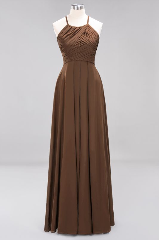 Halter Pleated Bridesmaid Dress Chiffon Sleeveless Floor Length Wedding Guest Dress