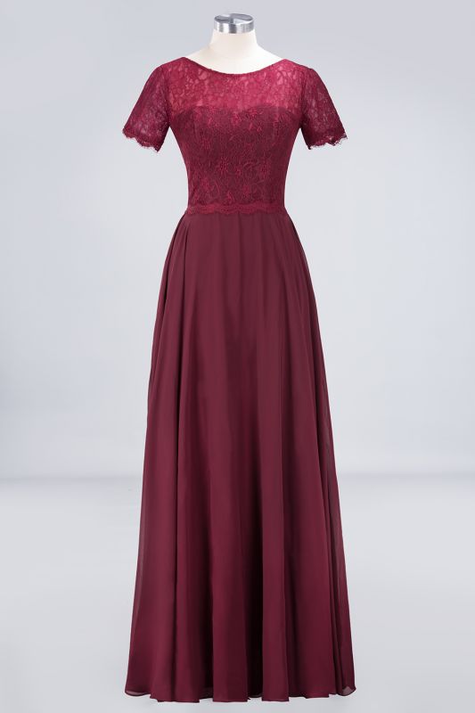 Elegant Princess Chiffon Lace Round-Neck Short-Sleeves Floor-Length Bridesmaid Dress