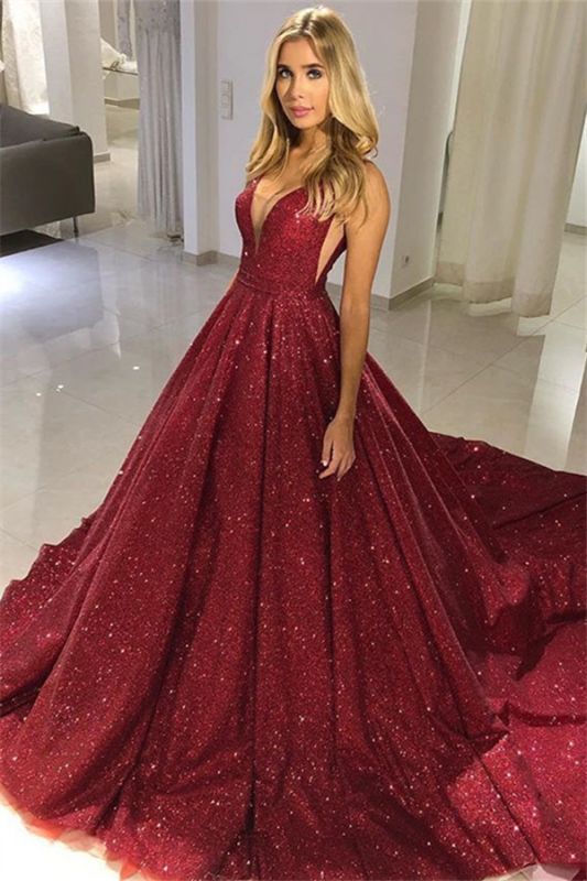 Burgundy Plus Size Sequins Formal Gowns |  Long V-Neck Sleeveless Prom Dresses