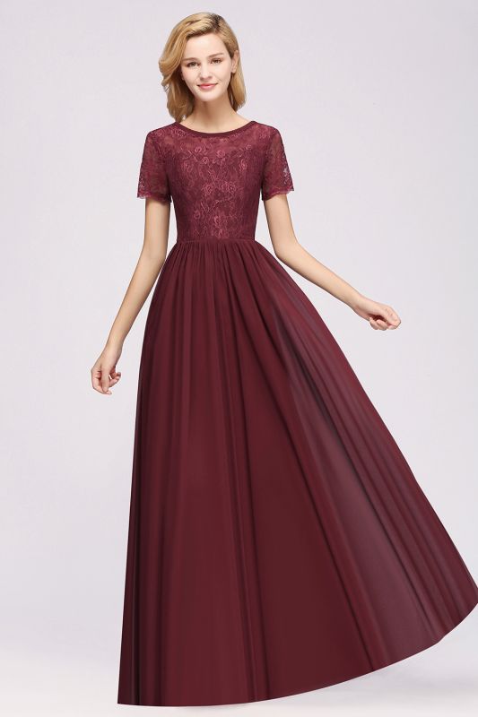 A-line Chiffon Lace Jewel Short-Sleeves Floor-length Bridesmaid Dress