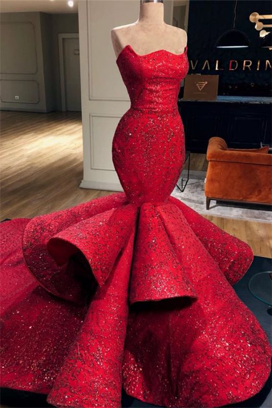 Elegant Mermaid Red Evening Gowns | Ruffles Sexy Strapless Sleeveless Prom Dresses