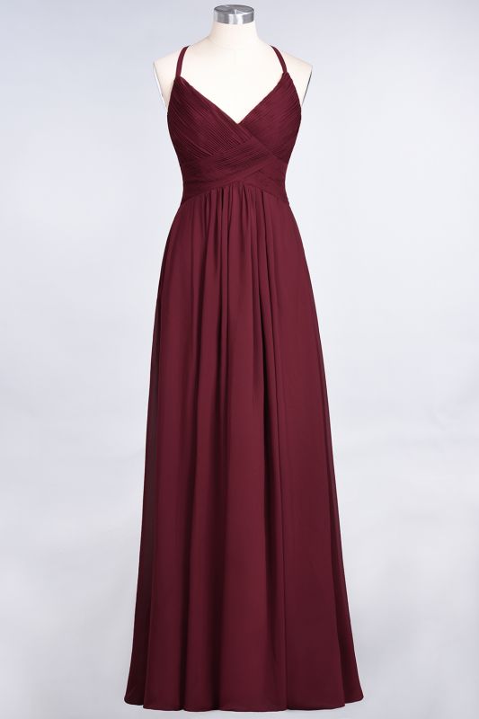 Elegant Princess Chiffon Spaghetti-Straps V-Neck Sleeveless Floor-Length Bridesmaid Dress with Ruffles