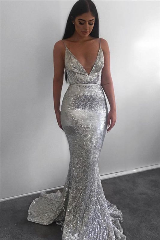Sparkling Mermaid Sequins Spaghetti-Straps Sleeveless Long Prom Dress