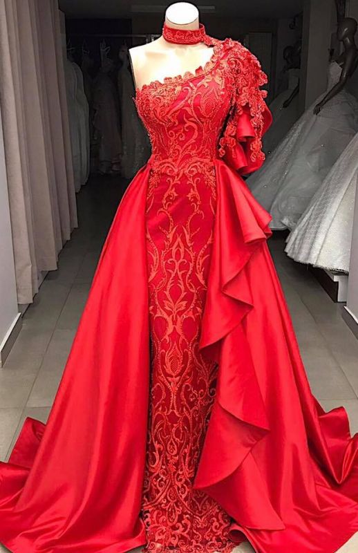 Gorgeous One Shoulder Halter Lace Appliques Sequins A-Line Floor-Length Prom Dresses