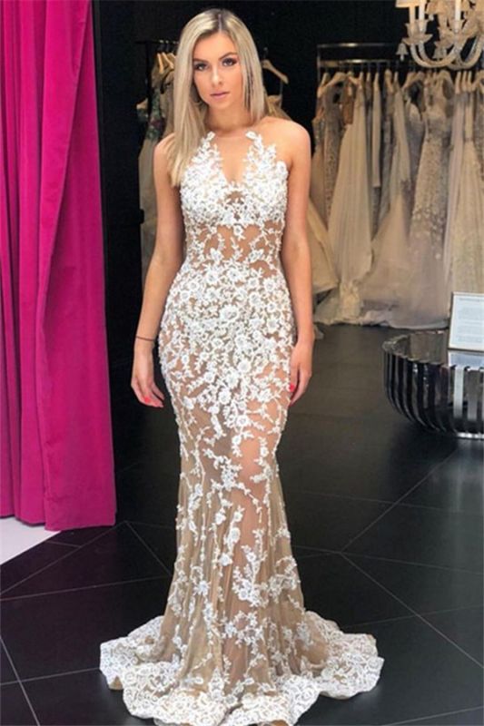 Unique V-Neck Sleeveless Lace Appliques Sexy Mermaid Sweep Train Prom Dresses
