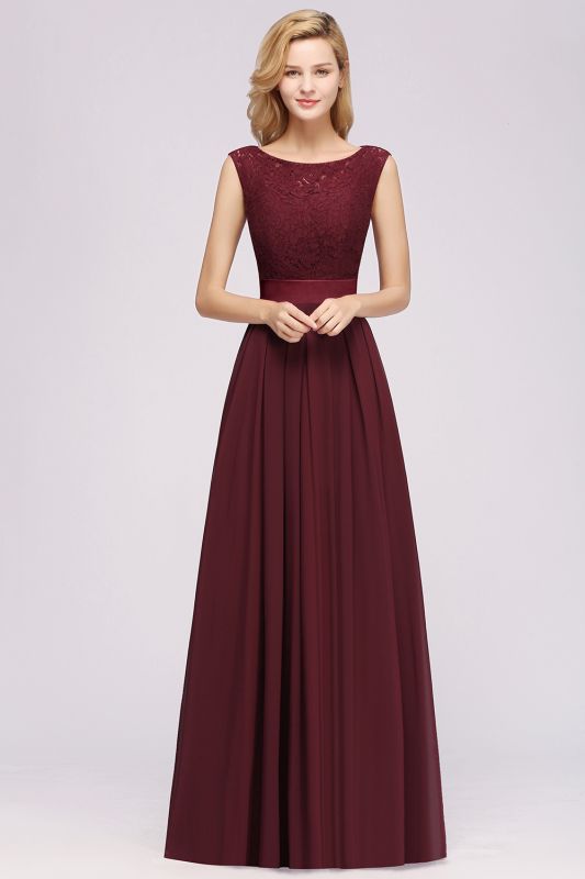 A-line Chiffon Lace Jewel Sleeveless Ruffles Floor-length Bridesmaid Dress