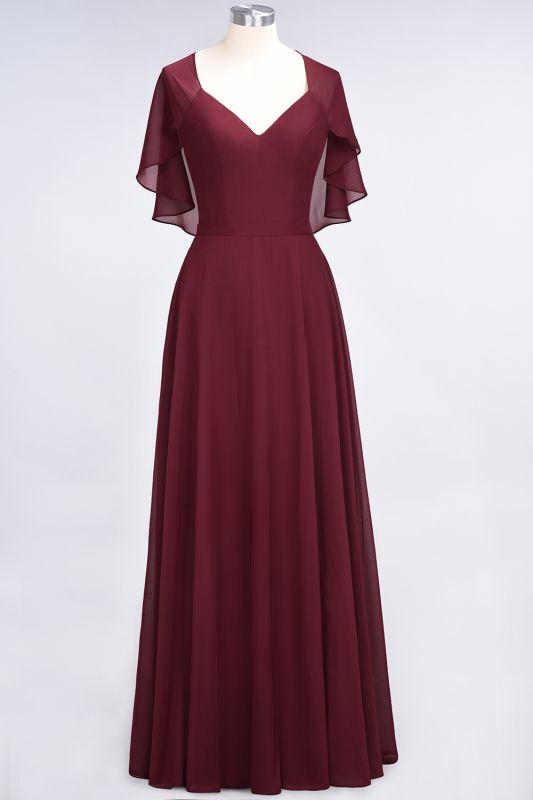 A-Line aus Chiffon, Satin mit V-Ausschnitt, kurzen Ärmeln, bodenlangen Kleid für Brautjungfer
