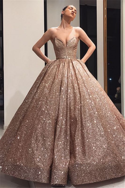 Elegant Strapless Sleeveless Ball Gown Sweep Train Prom Dresses